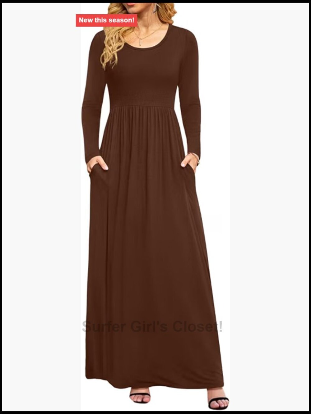 Women's Long Sleeve Maxi Dress Empire Waist with Pockets Flowy A-Line Casual